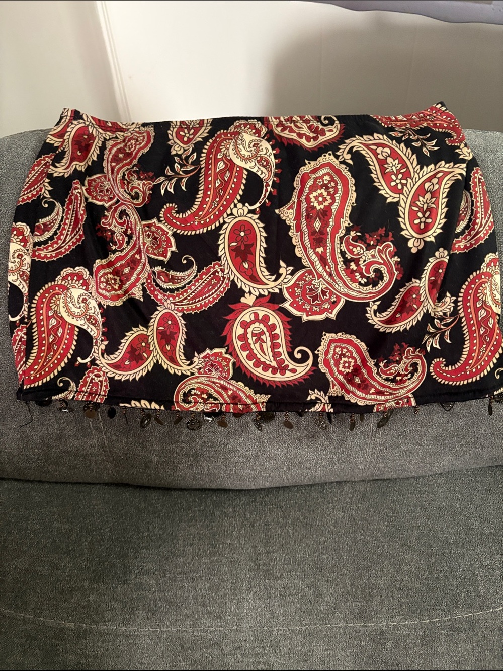 SHEIN Black Red and Cream Paisley Mini Skirt with Beaded Hem